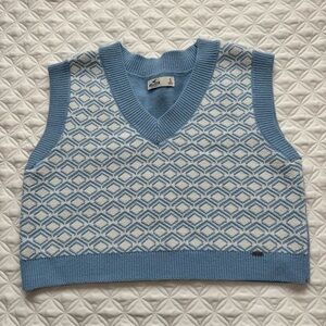 Hollister Blue White Geometric Knit Cropped V-Neck Sweater Vest Size Small